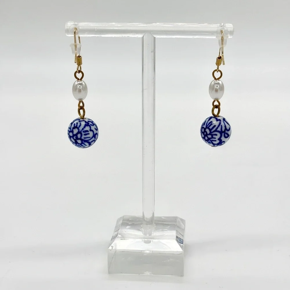 Vintage Style Faux Pearl & Handmade Ceramic Peony & Vine Design Earrings - Picture 2 of 3